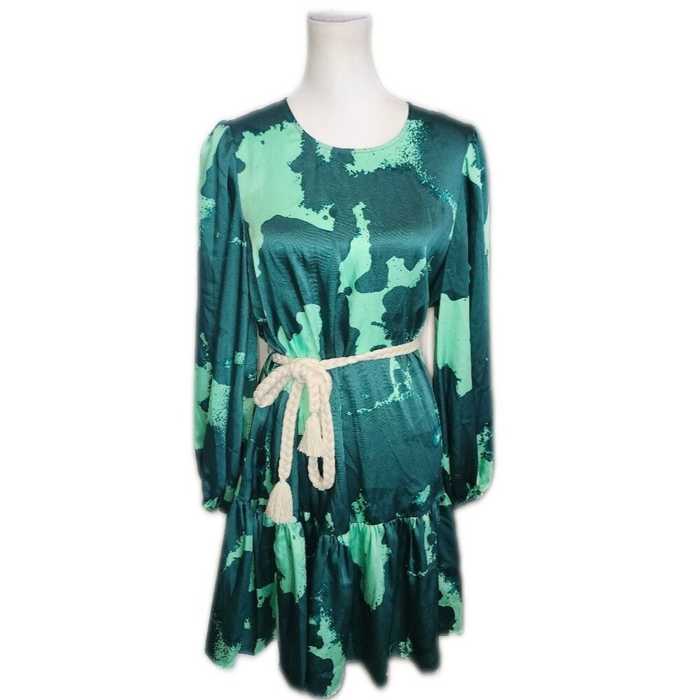 Alexis For Target 2-Toned Green Mini Dress, Rope Belt, Balloon Sleeves, L